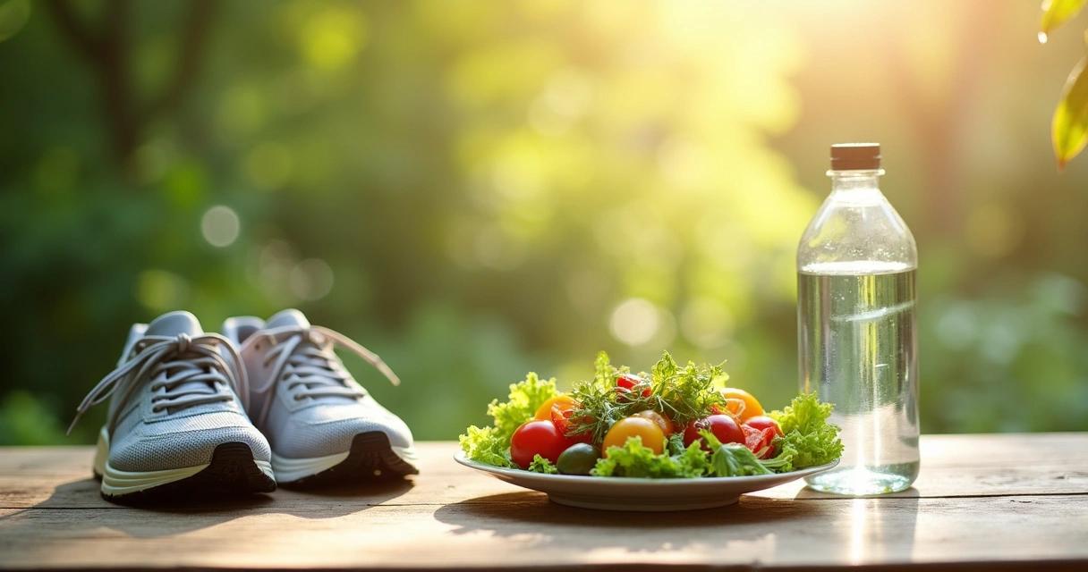 Sportschuhe, ein Teller mit frischem Gemüse und eine Wasserflasche auf einem Tisch im Freien